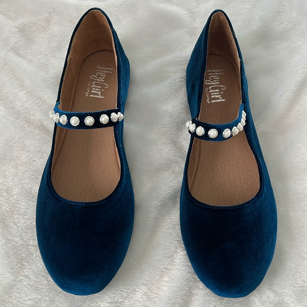 Corkys Teal Velvet Mary Jane Flats with Pearl Strap